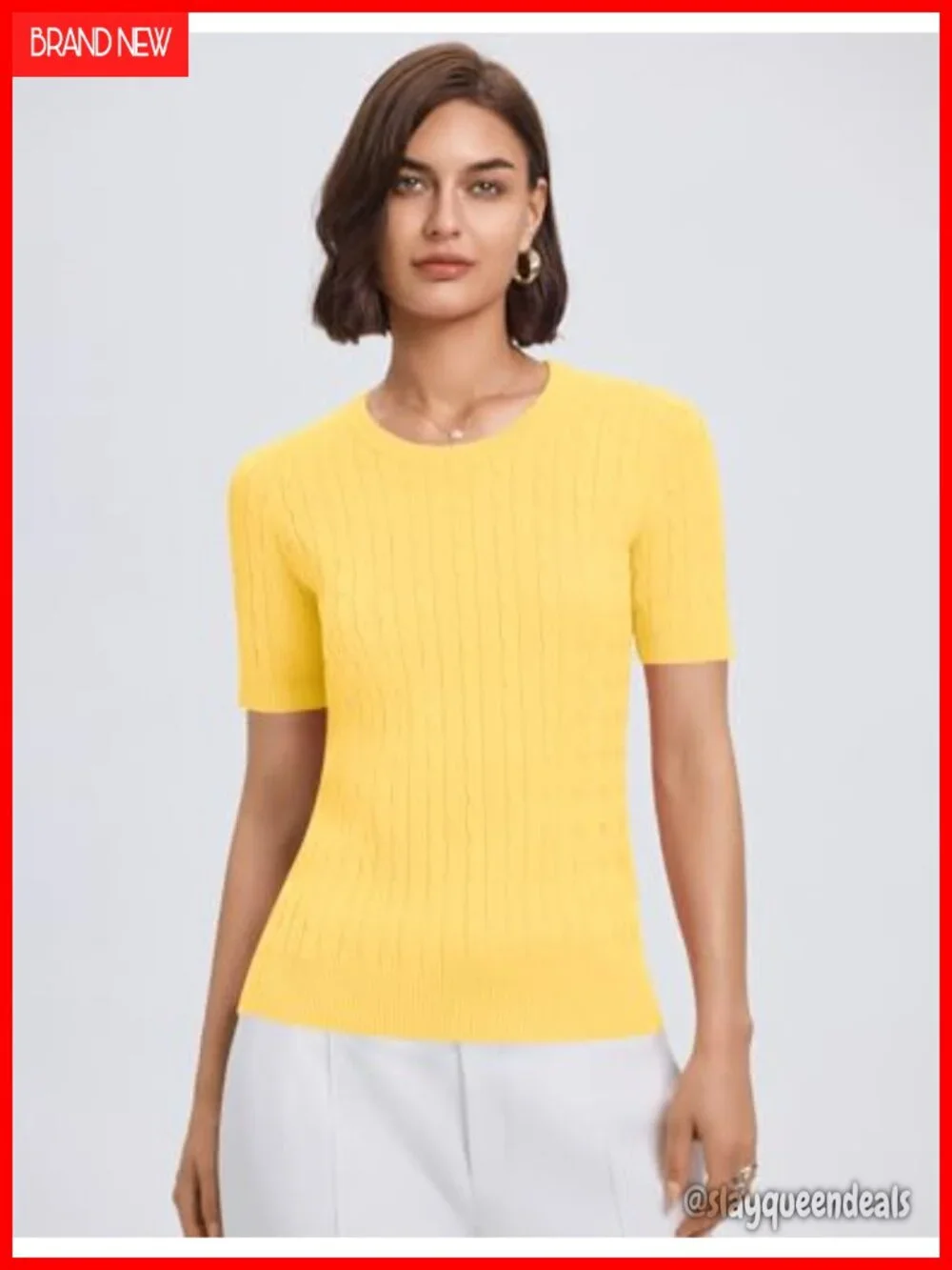 Short Sleeve Cable Knit Crewneck Sweater Top, Soft Lightweight Knit for Office
